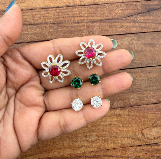 Changeable three colour diamond flower studs