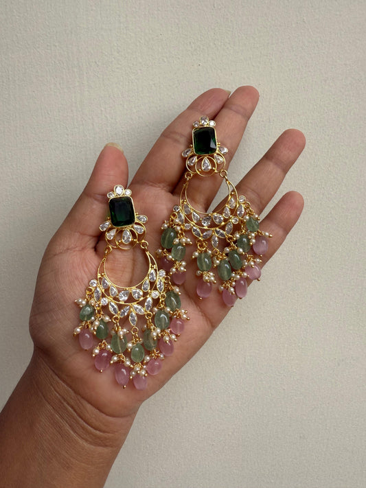 Gold replica double layered pastel pearl hanging chandbalis