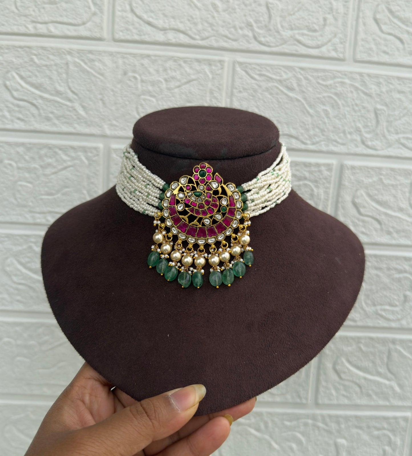 Peacock big size locket real kundan choker