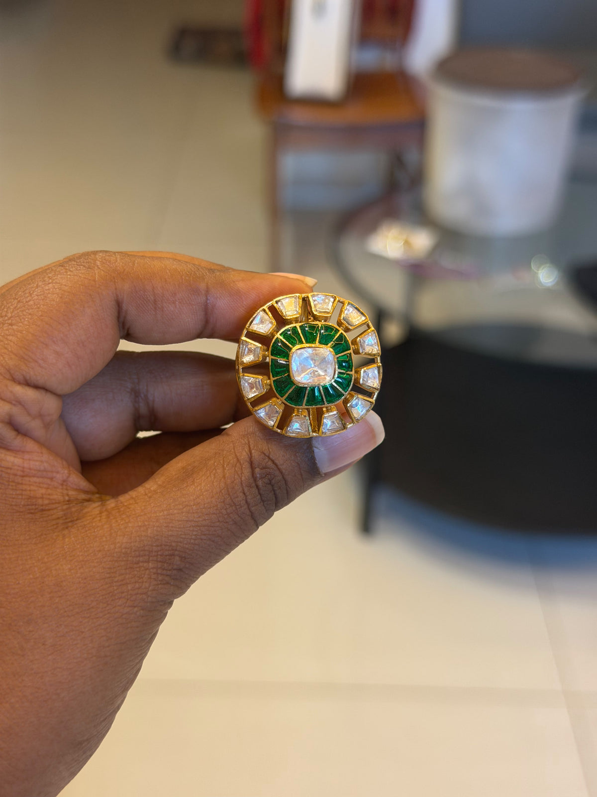 Moissanite square green real kundan adjustable designer finger ring