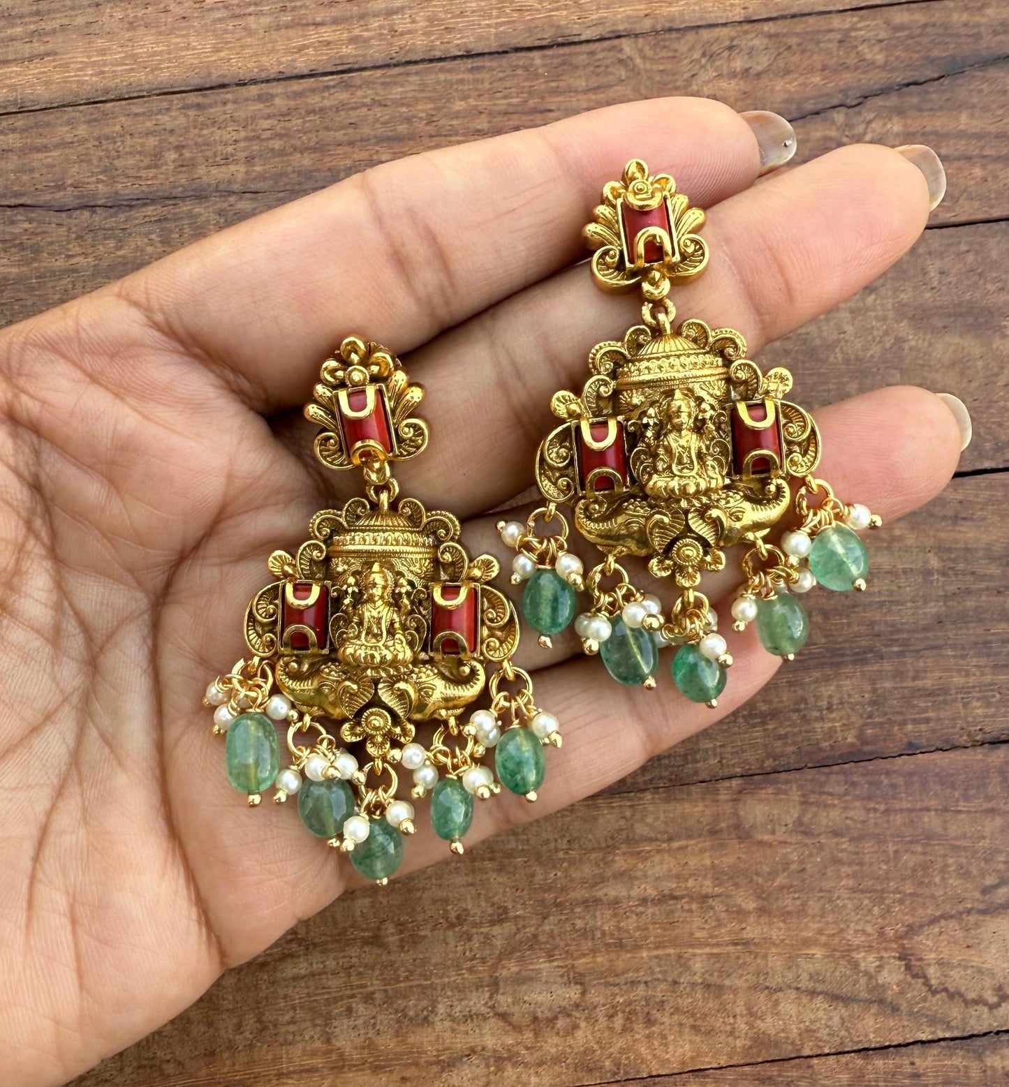 Coral lakshmi devi hanging chandbalis