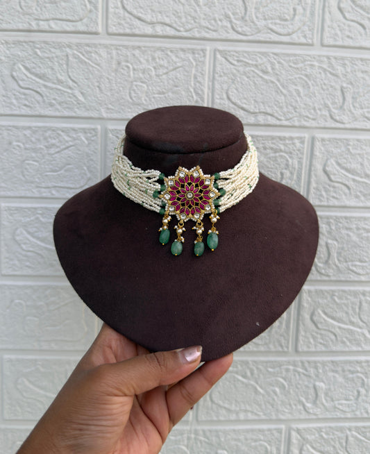 Oversized flower real Kundan heavy pearl choker