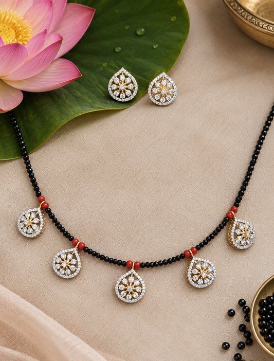 coral diamond black beads necklace with studs
