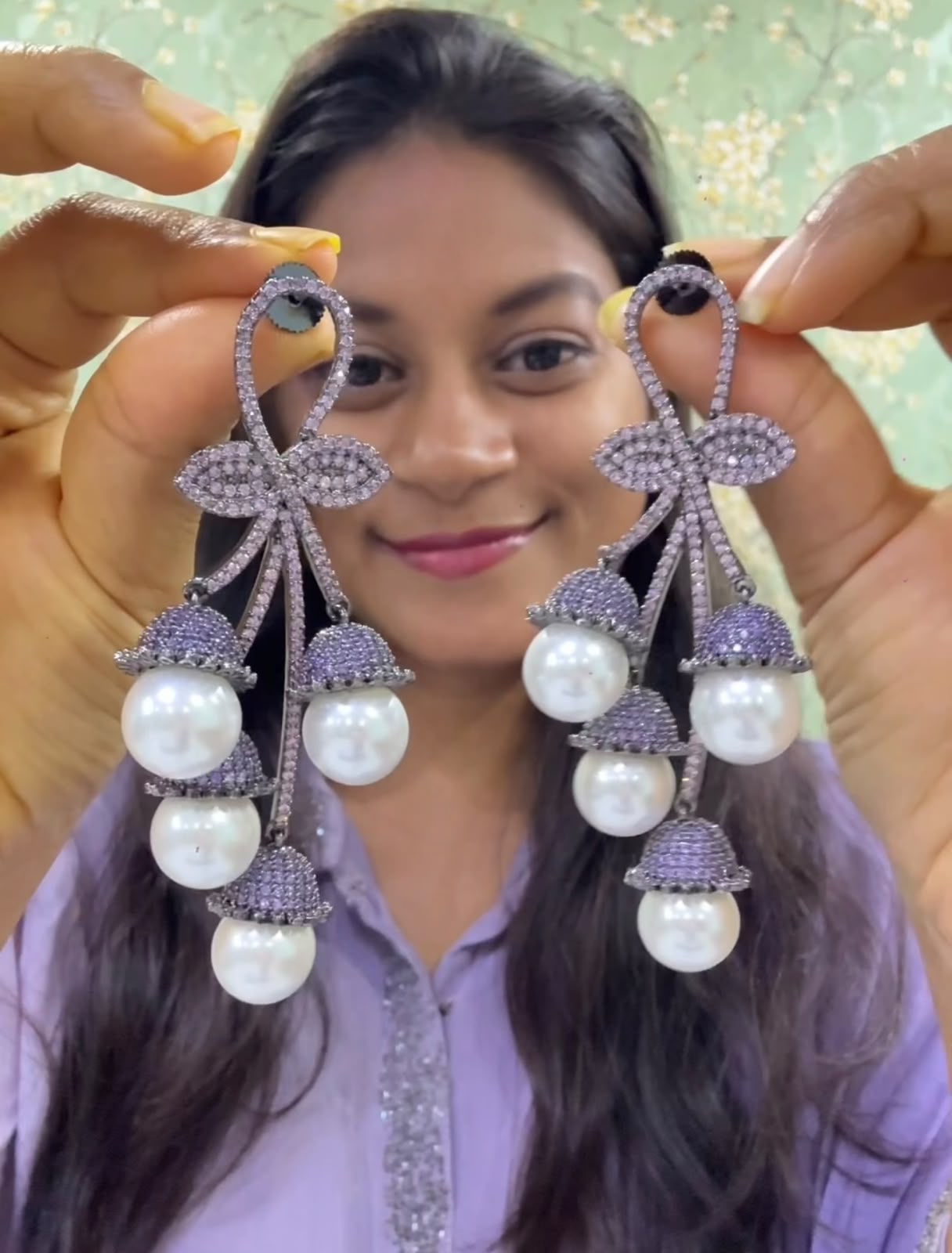 Pearl Cascade Bow zircon Partywear Earrings