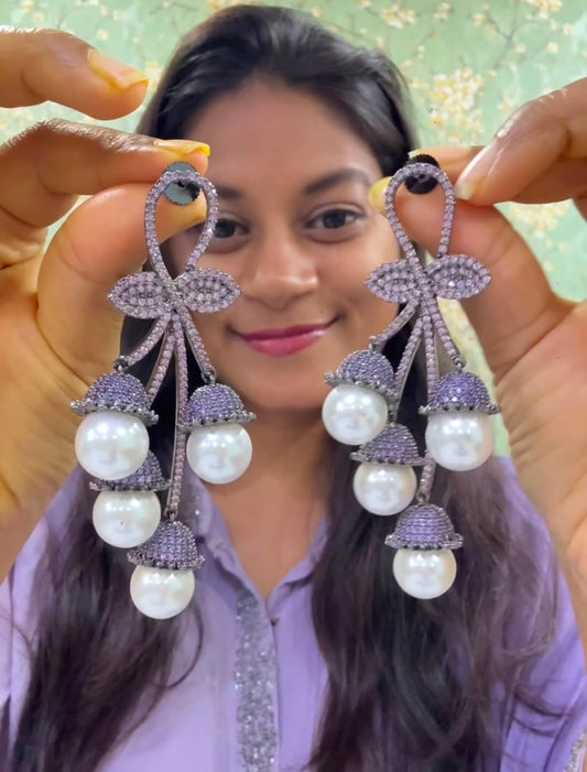 Pearl Cascade Bow zircon Partywear Earrings