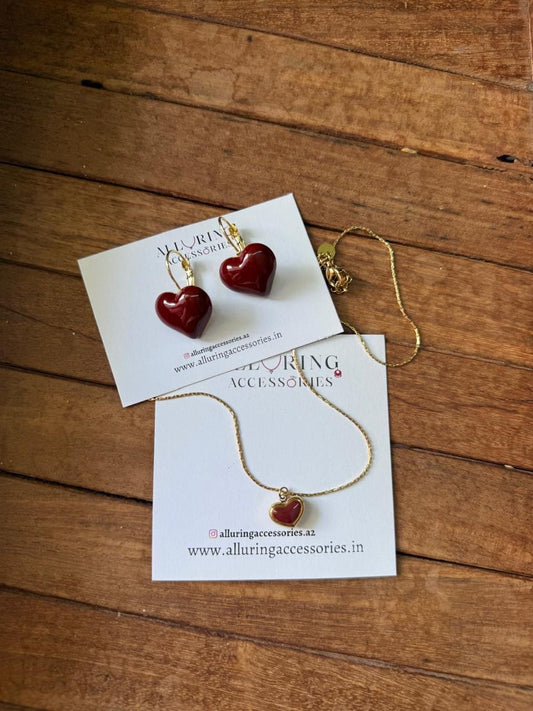 Red heart ceramic locket chain and earrings combo