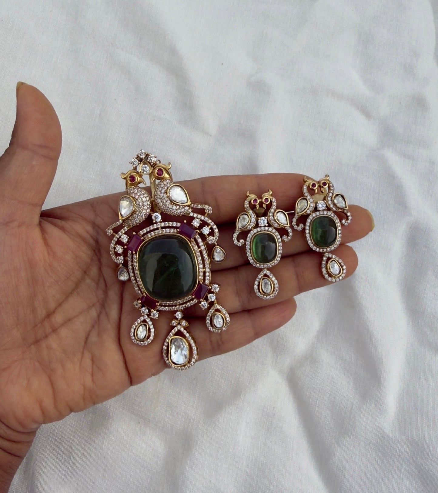 Dual peacock moissanite doublet stone locket with earrings