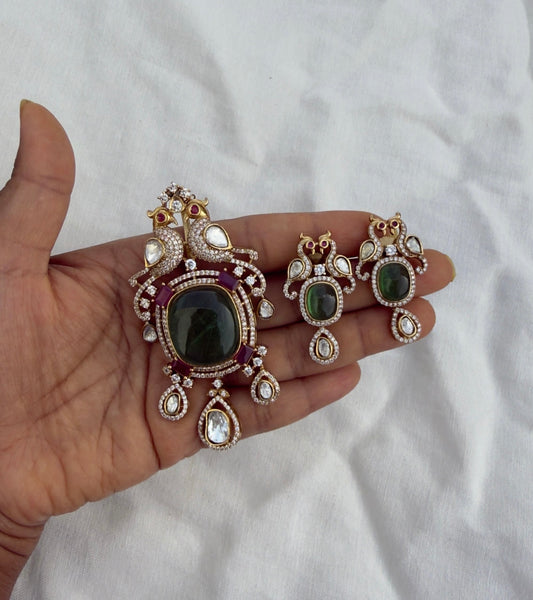 Dual peacock moissanite doublet stone locket with earrings
