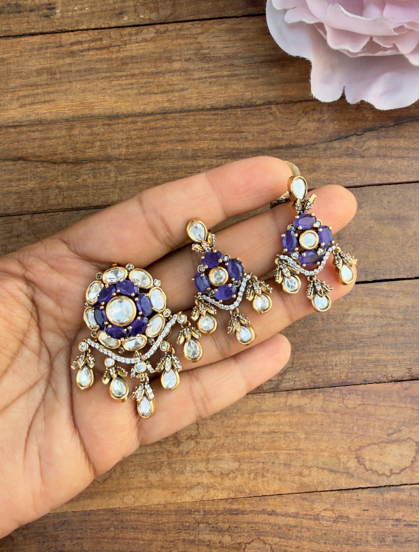 Flower designer polki locket with earrings design2