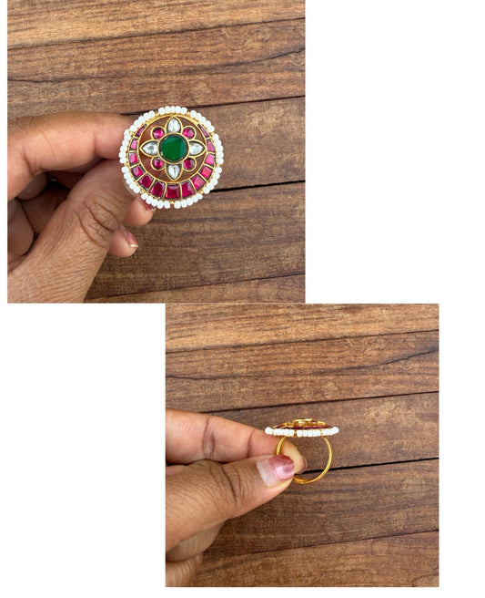 Real kundan flower pearl finger ring