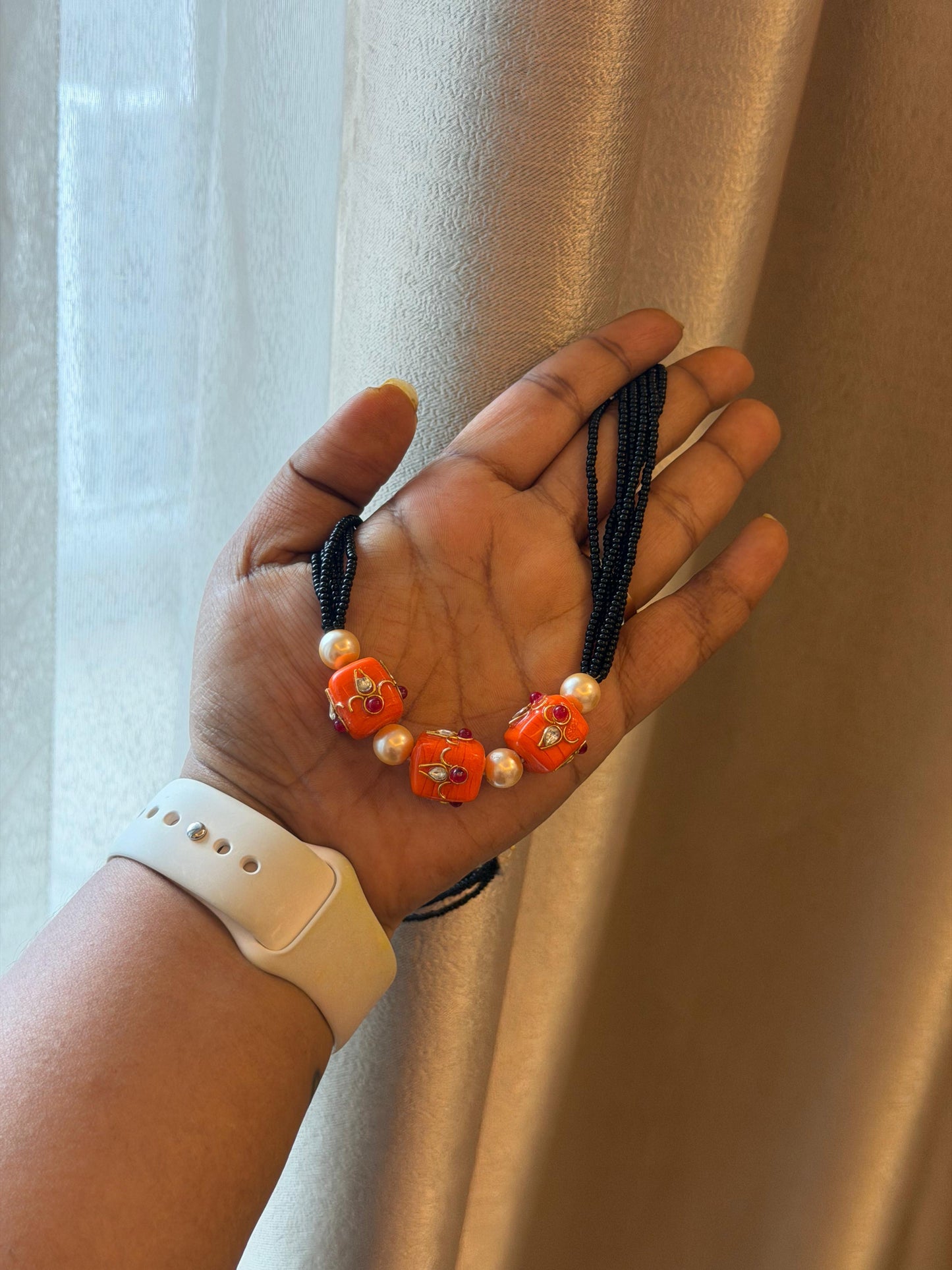 Three square coral pearl heavy black beads necklace