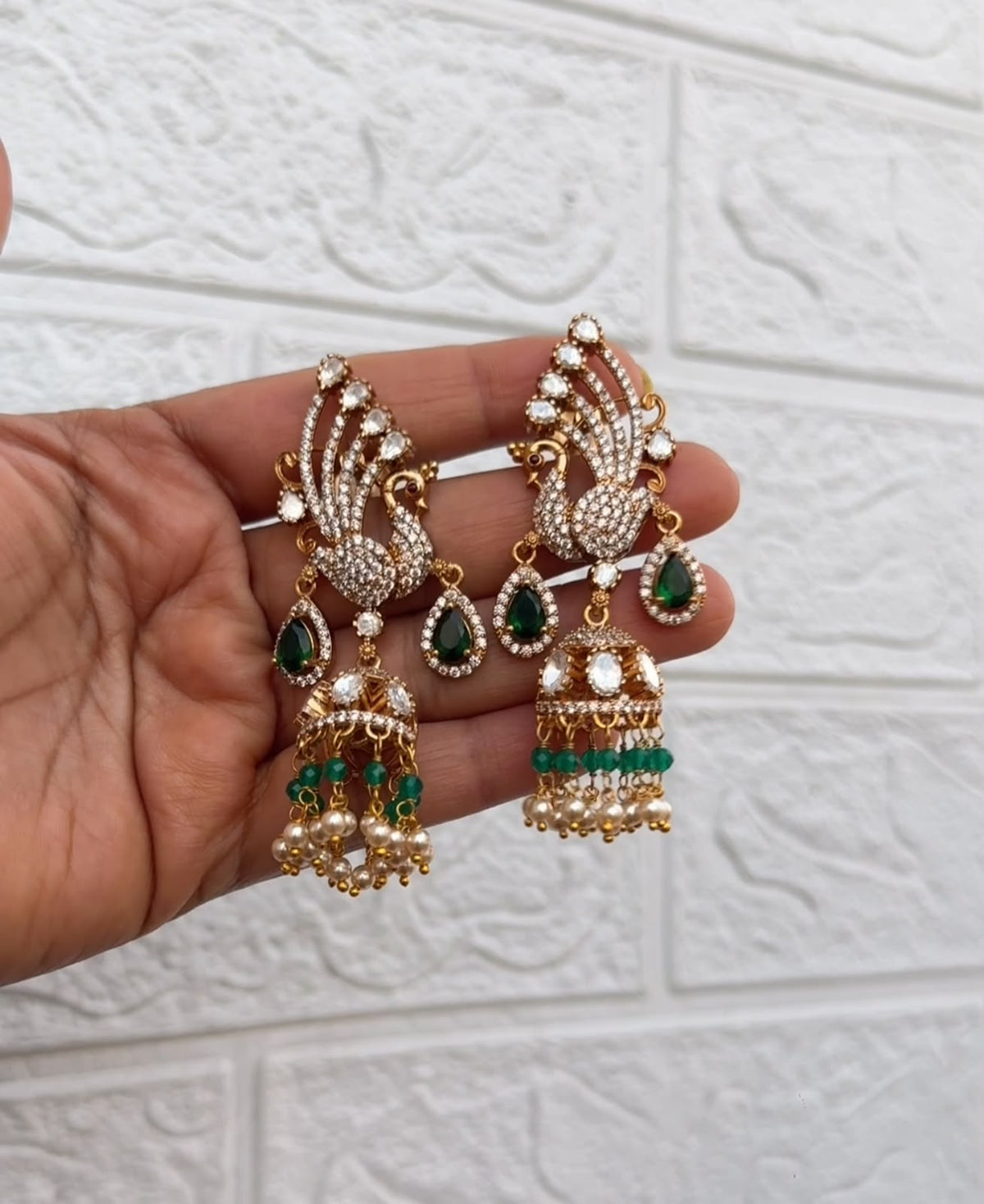 Peacock moissanite green ruby two pearl jhumkas 6
