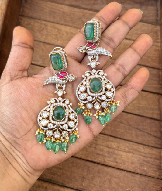Parrot real kundan doublet stone chandbali earrings