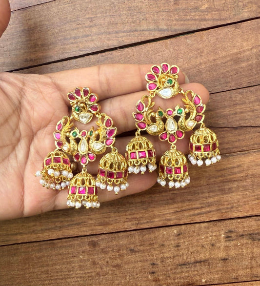 Real kundan dual peacock designer three jhumkas