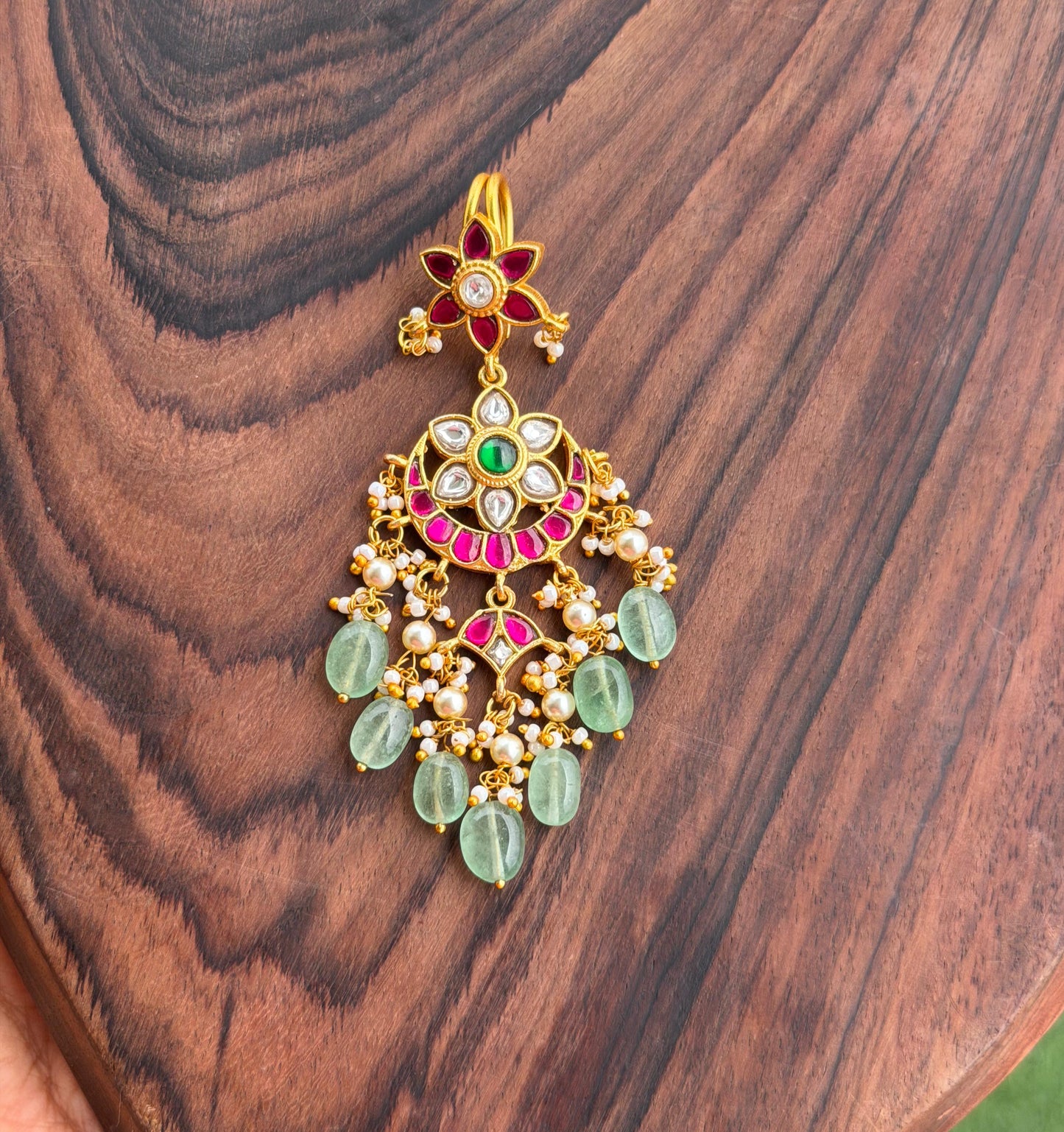 3 in 1 chandbali flower real kundan locket/ hairpin/ mangteeka