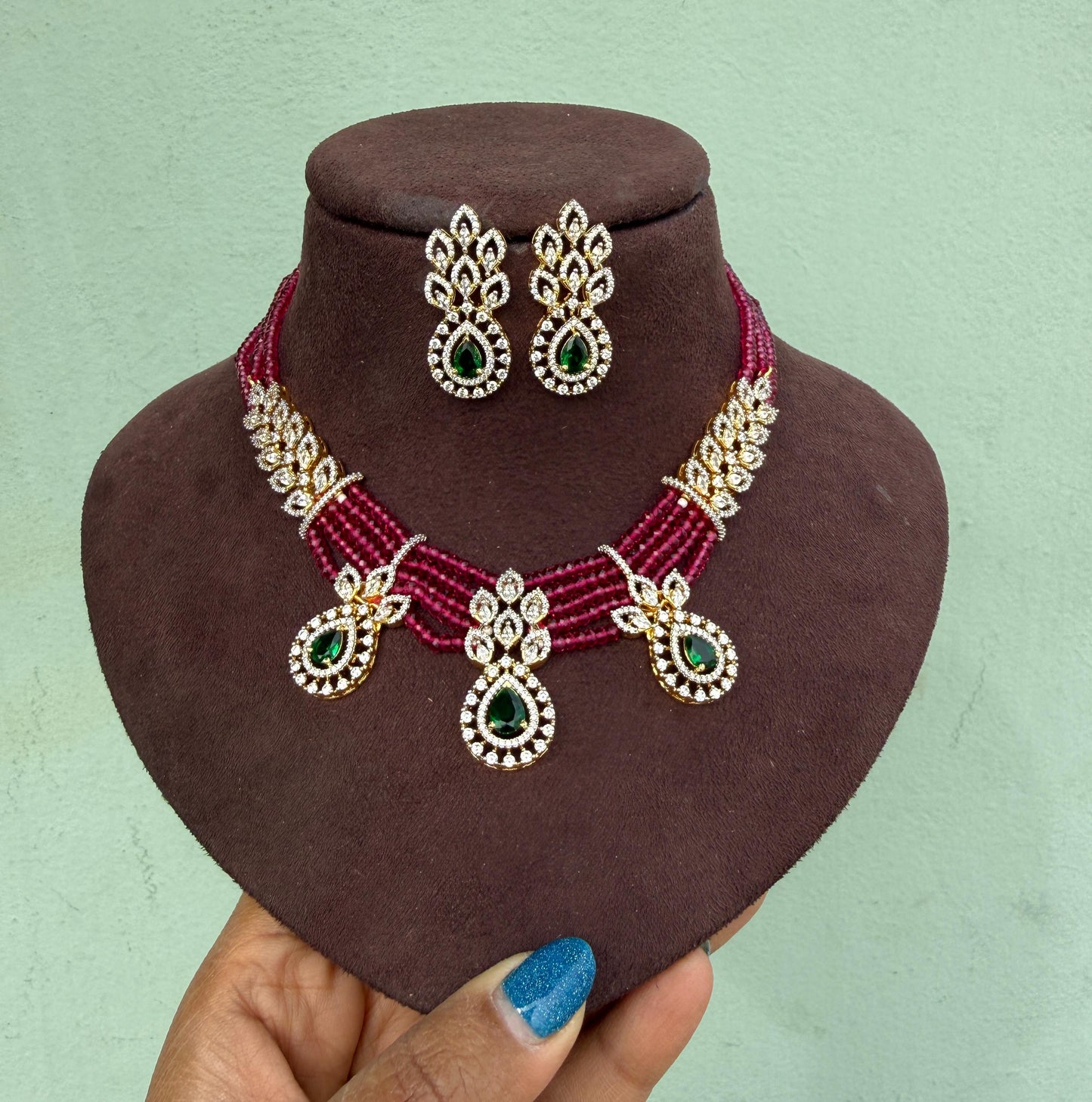 Pearl diamond beaded necklace with earrings