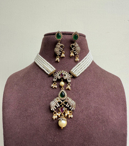 Elephant victorian V shape pearl stylish drop necklace