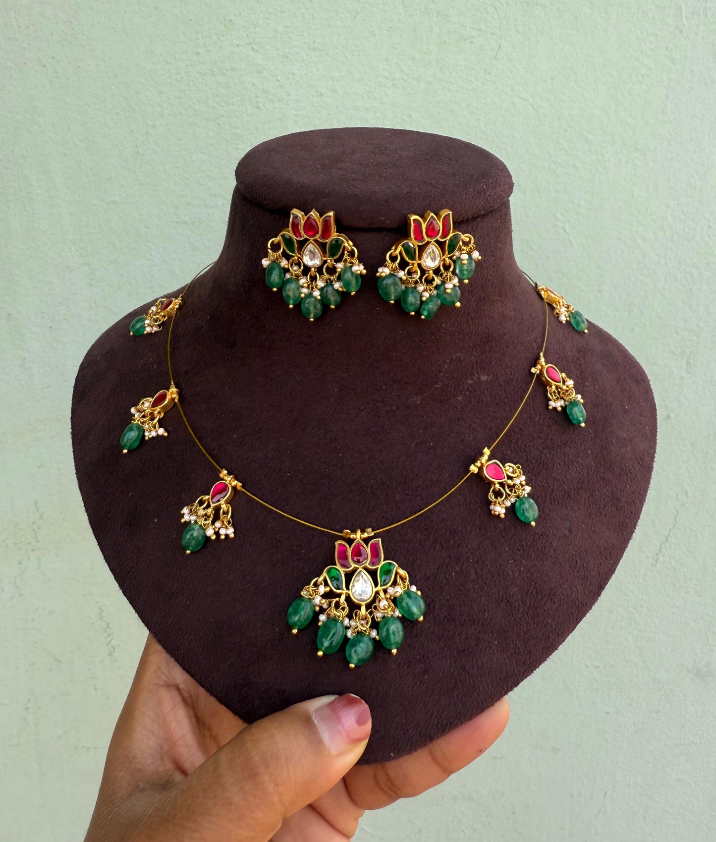 Real kundan lotus invisible necklace with earrings