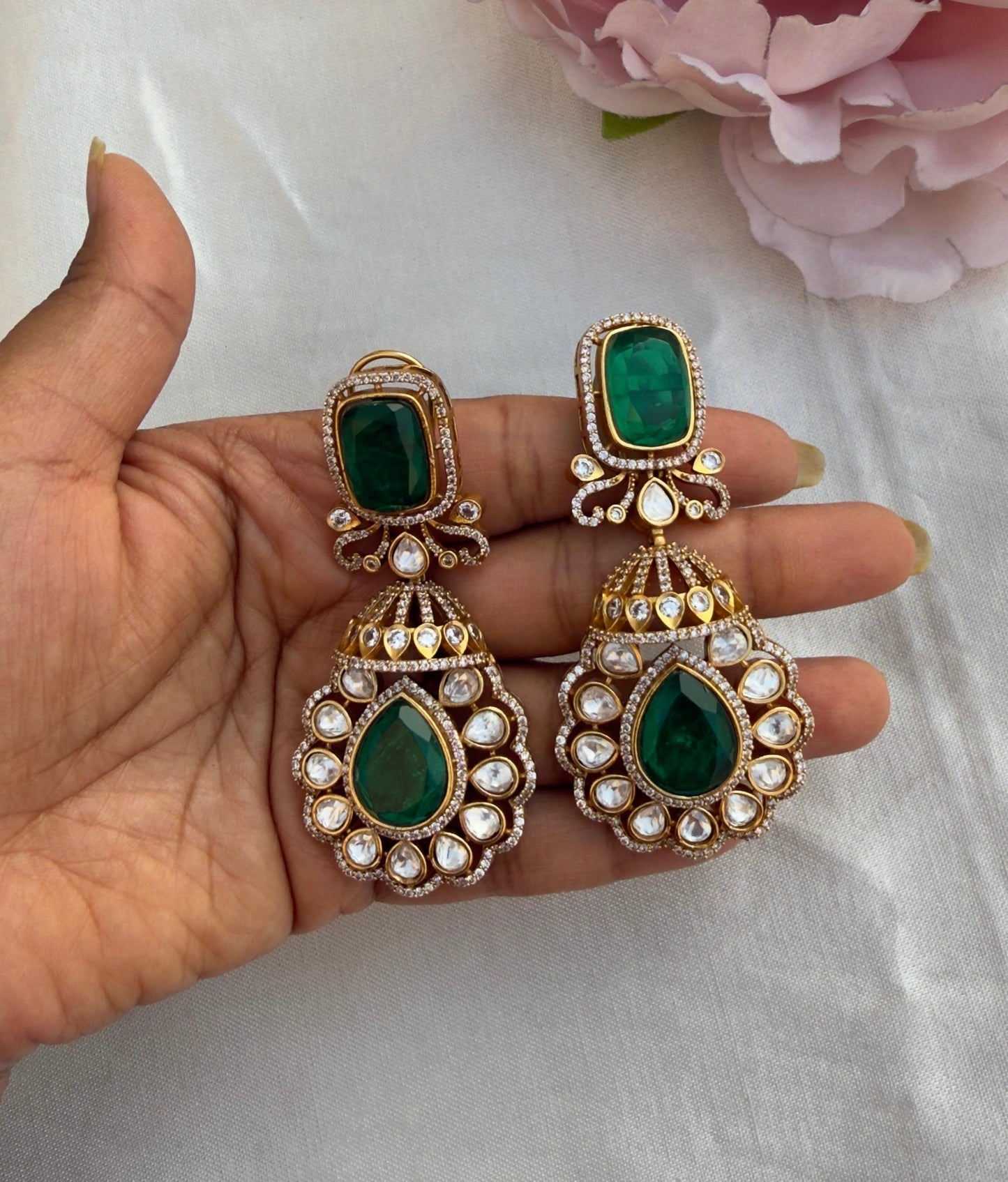 Designer green victorian rectangle pearl statement earrings