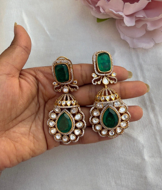 Designer green victorian rectangle pearl statement earrings