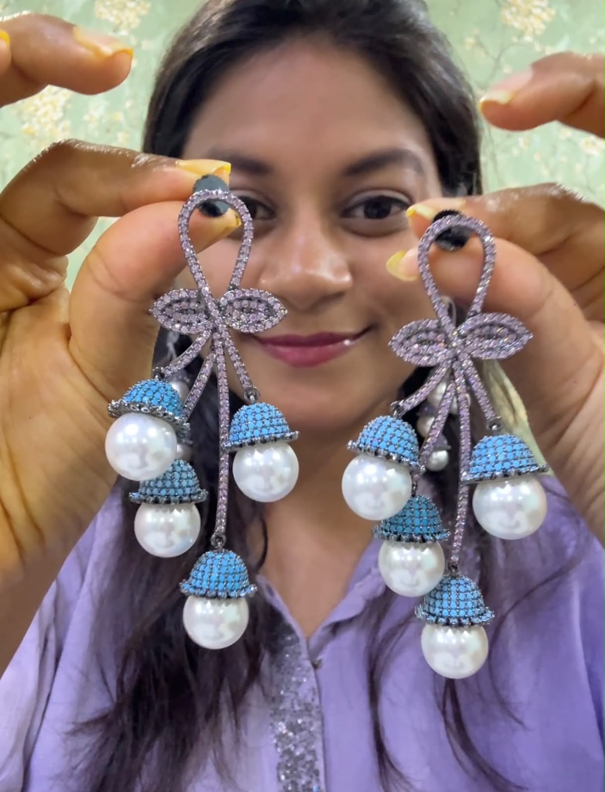 Pearl Cascade Bow zircon Partywear Earrings