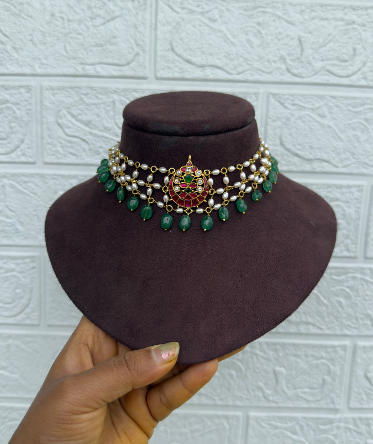 Mesh style pearl real kundan chandbali choker
