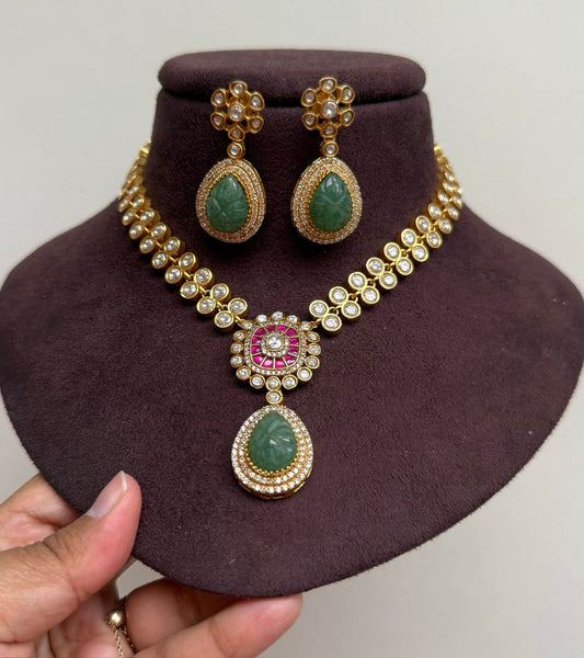 Real kundan pink green V shape necklace 2
