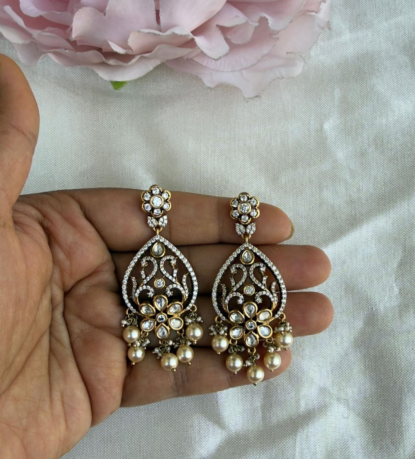 Polki stone pearl shape designer earrings