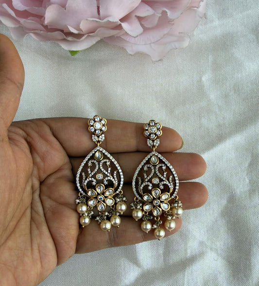 Polki stone pearl shape designer earrings