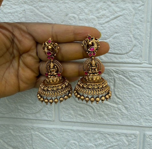 Antique lakshmi dual peacock engraved  cone jhumkas 5