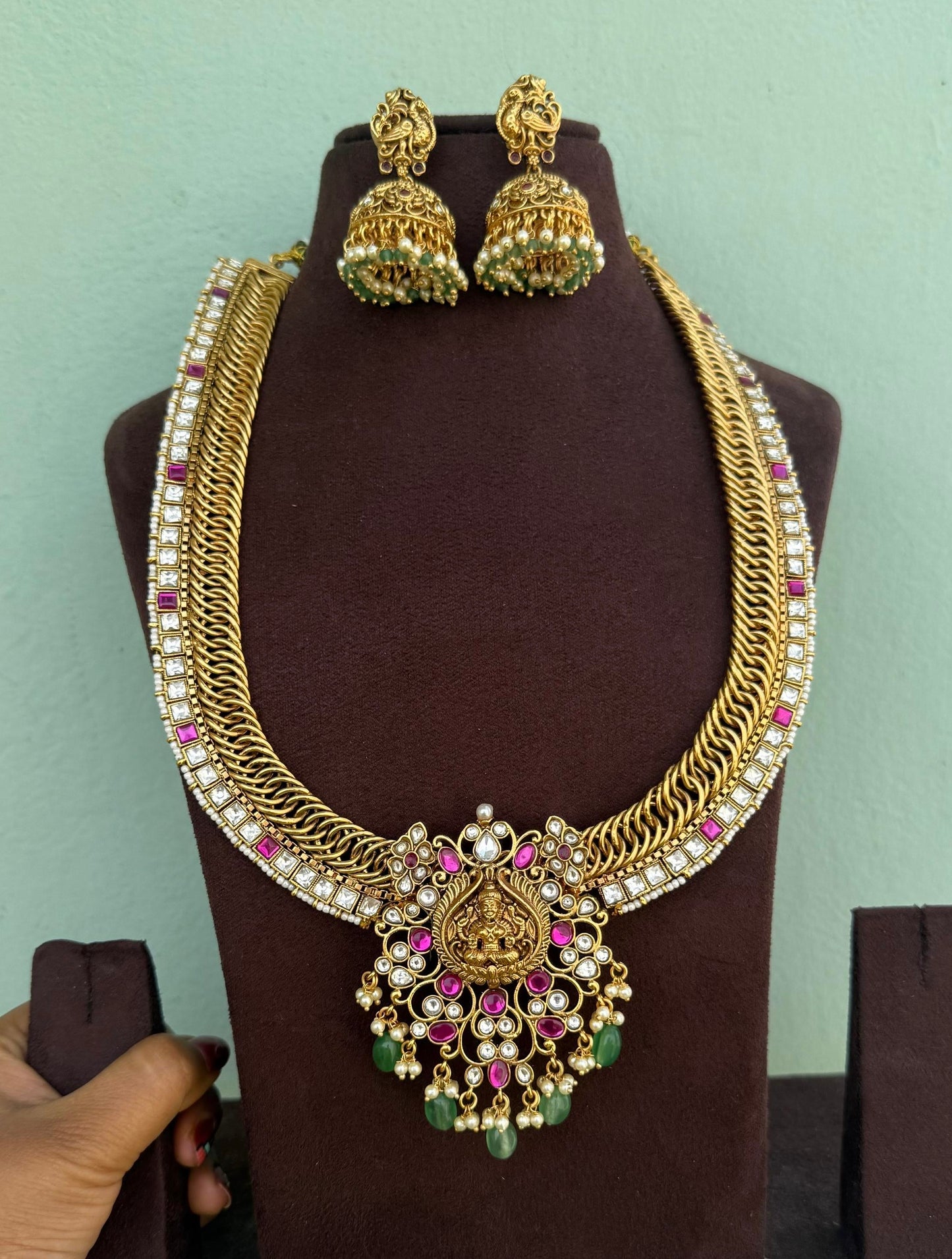 Long jalebi real kundan jadau lakshmi necklace with jhumkas