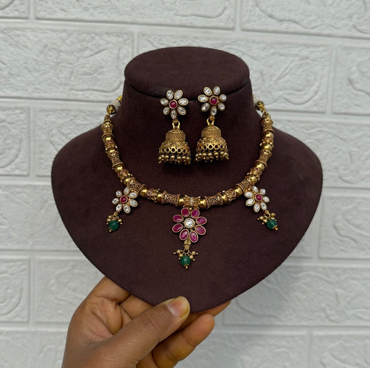 Three flower drop kante style necklace with jhumkas