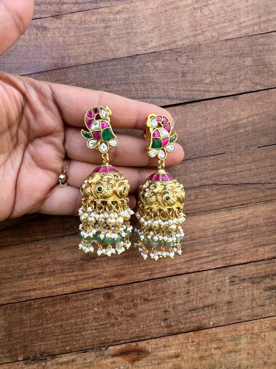 Real Kundan two layered pearls peacock jhumkas design6