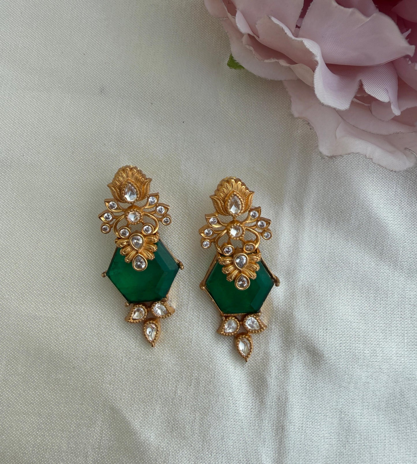 Statement polki engraved green stylish earrings