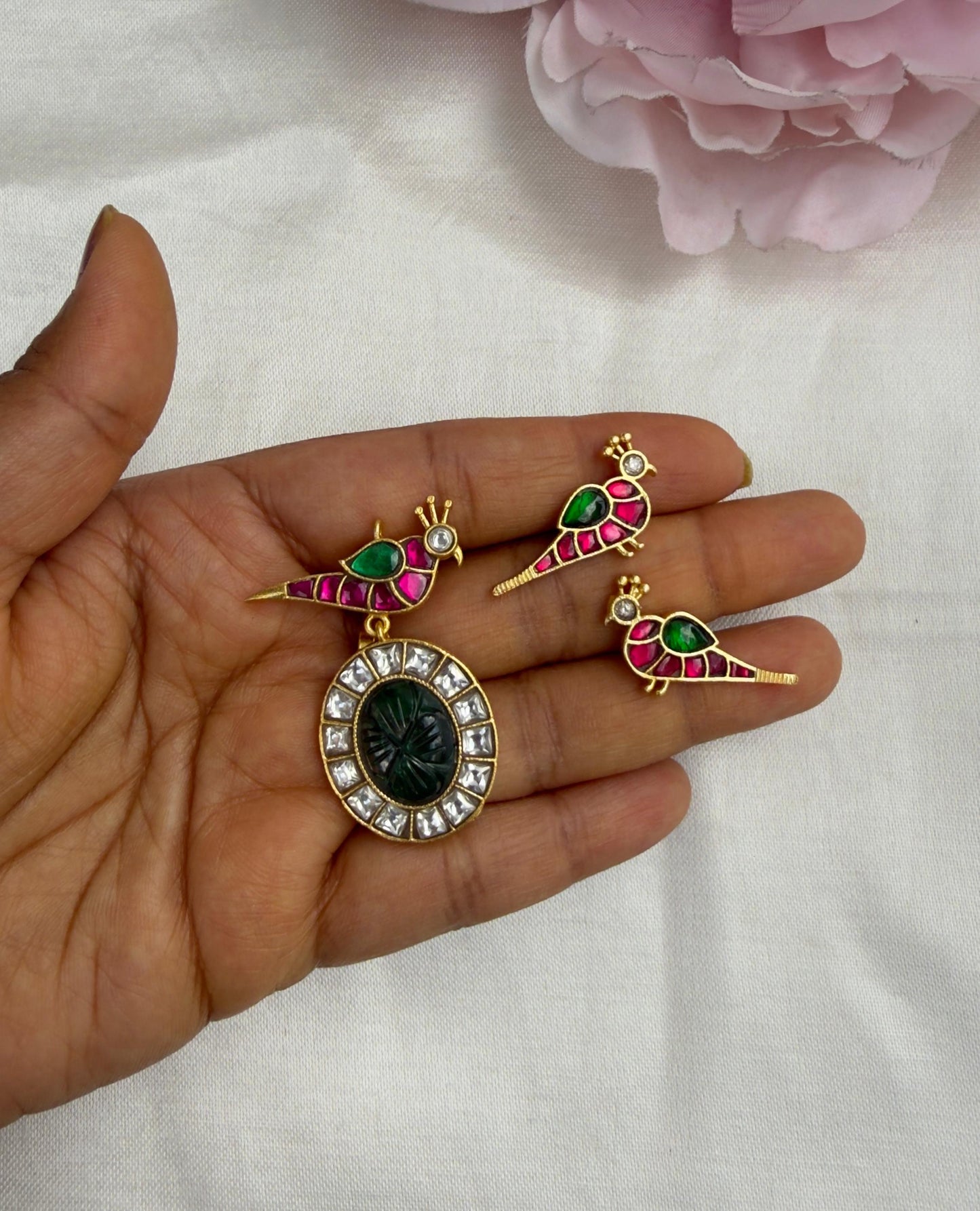 Parrot real Kundan flower embossed emerald drop locket with earrings