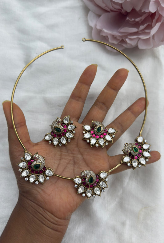 Peacock kante moissanite real kundan necklace with studs