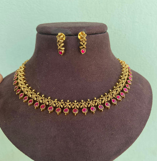 Real kundan jadau round drop ruby green necklace with hangings