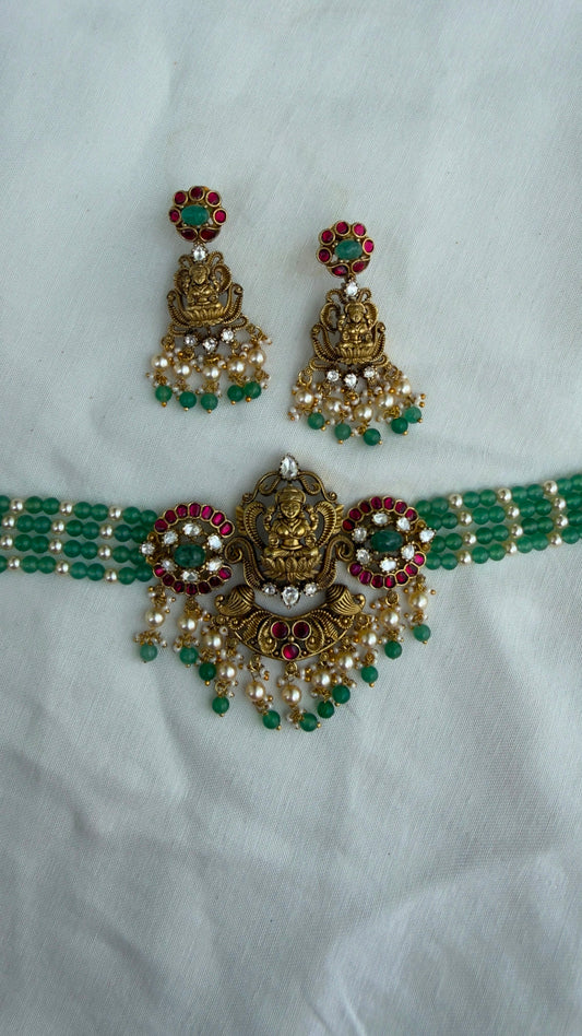 Lakshmi devi real kundan moissanite green beads choker with earrings