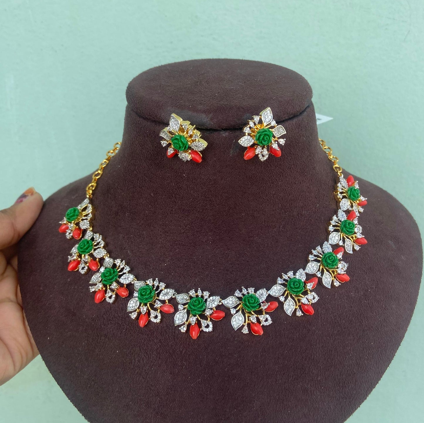 Green coral diamond finish necklace