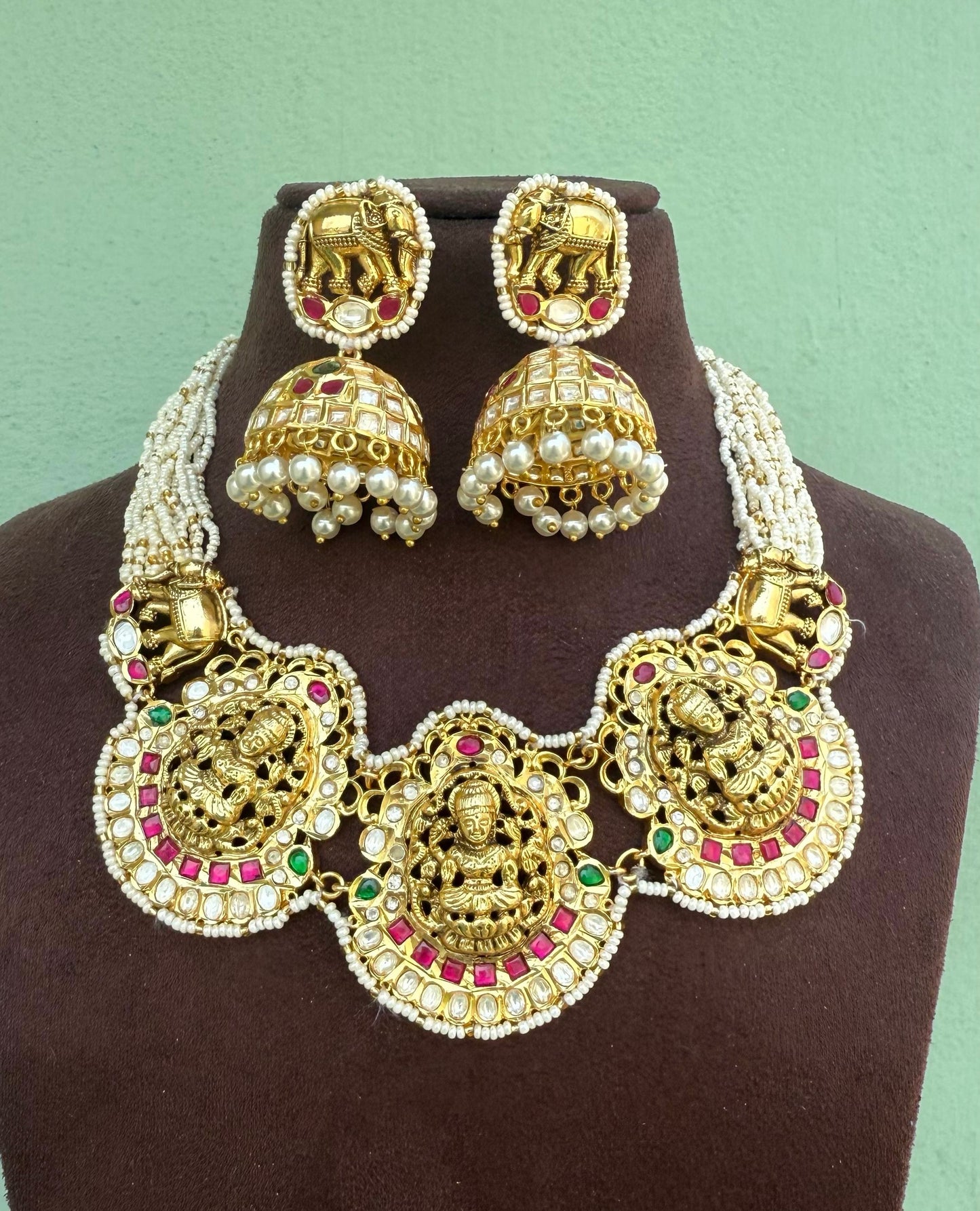 Three kasu heavy lakshmi real kundan elephant necklace with jhumkas