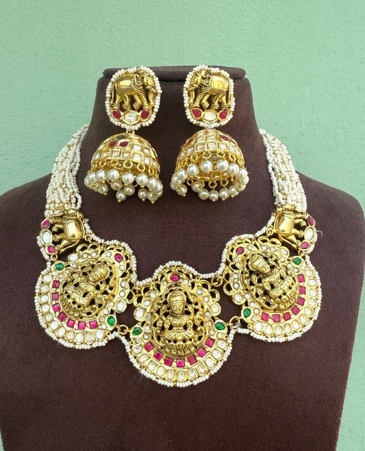 Three kasu heavy lakshmi real kundan elephant necklace with jhumkas