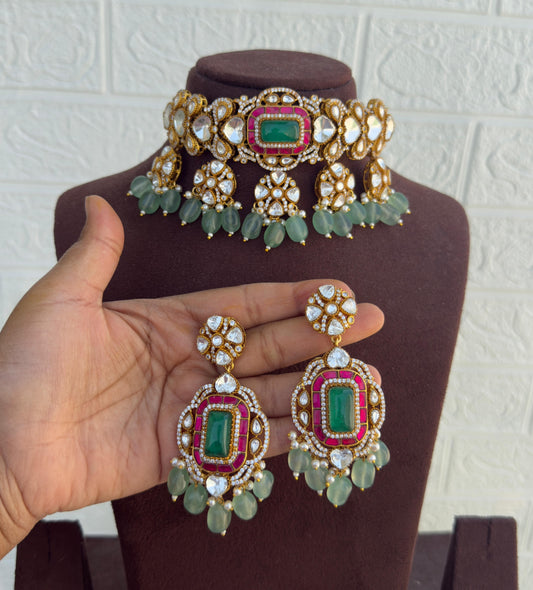 Designer real kundan partywear moissanite heavy necklace with earrings