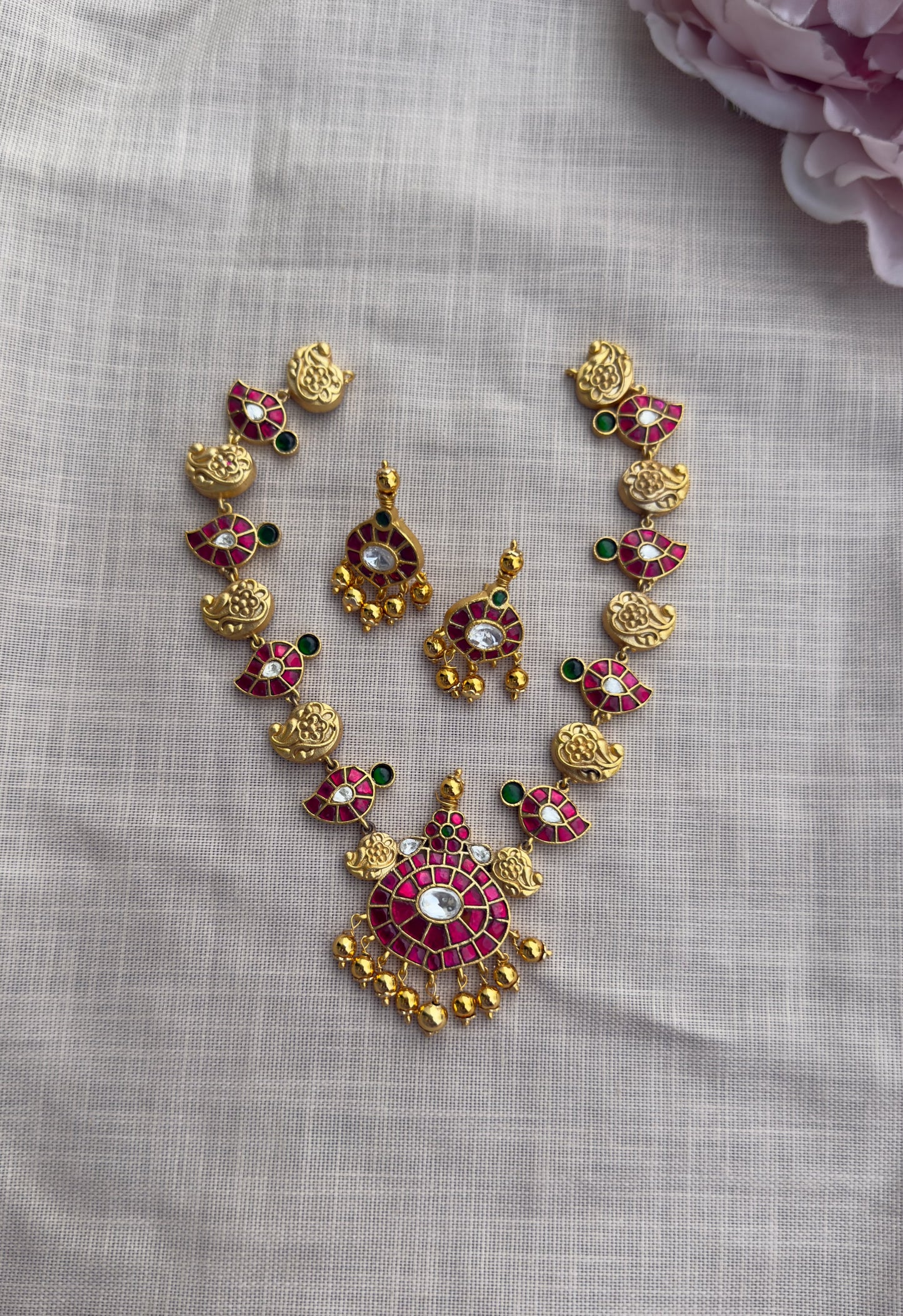 Traditional Ruby Kundan Temple Necklace with earrings