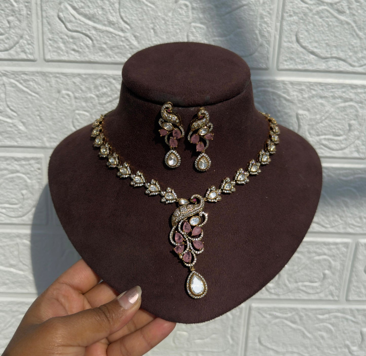 Peacock moissanite designer victorian necklace with earrings
