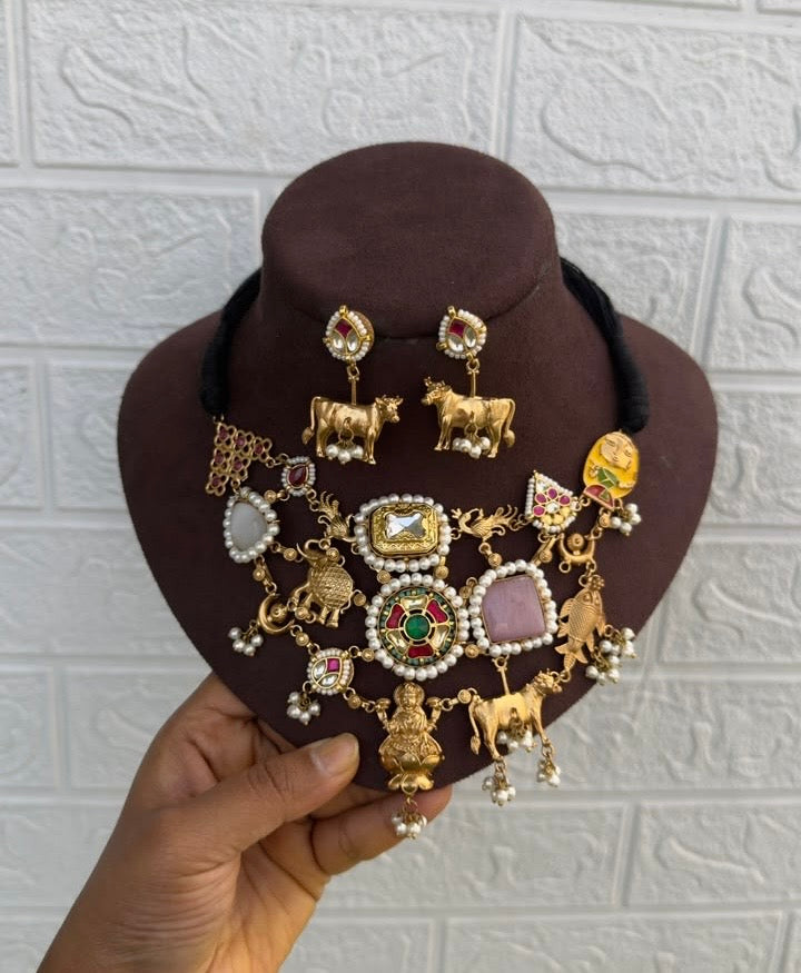 Designer real kundan lakshmi cow parrot meenakari necklace with earrings