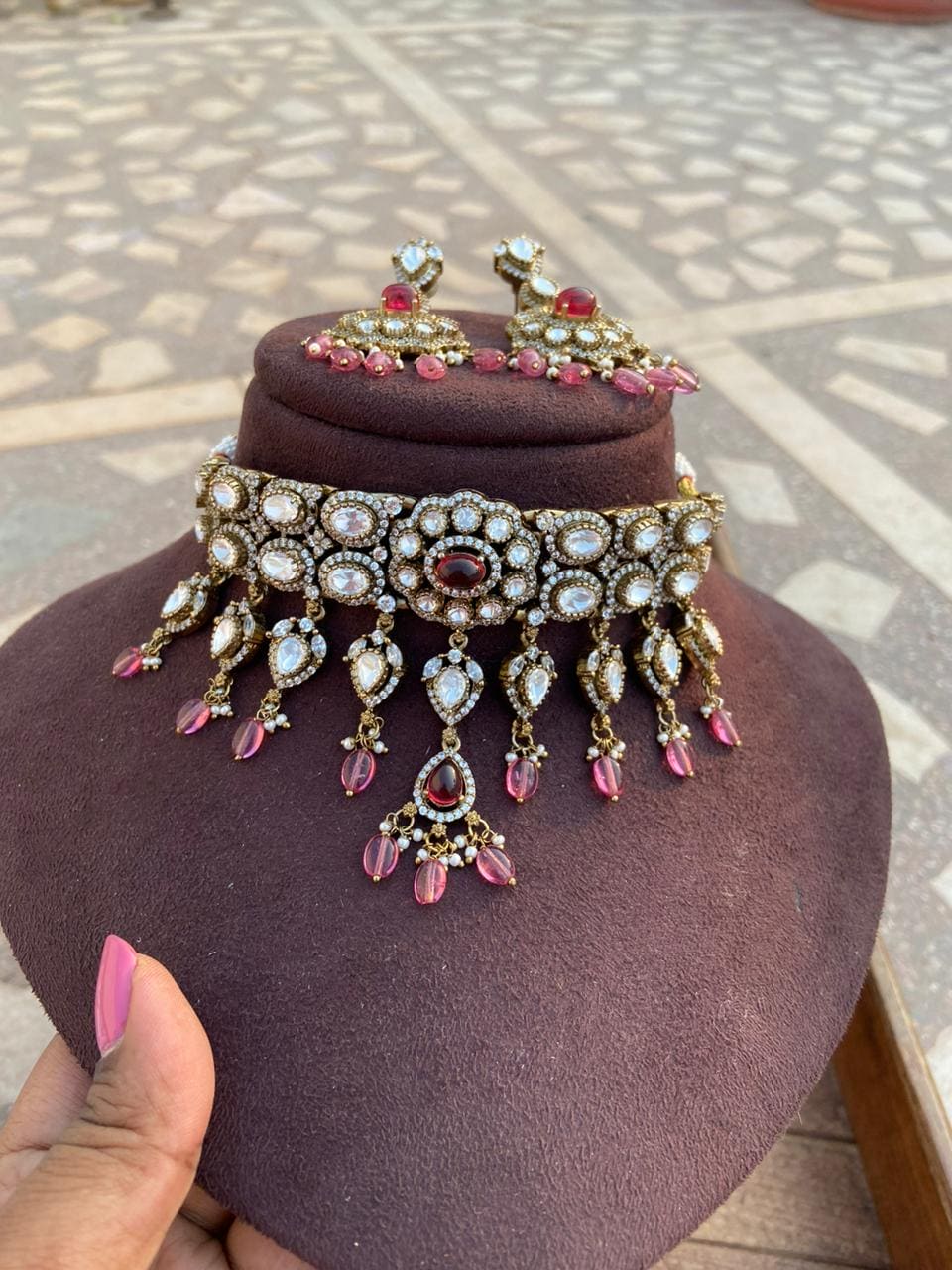 Moissanite stone partywear choker and  earrings design 3