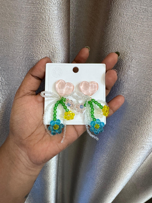 Heart daisy flower handmade hanging tassel earrings