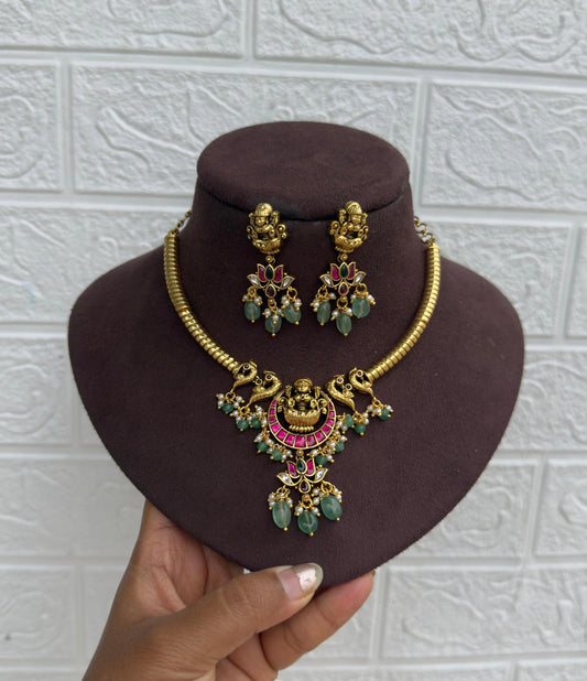 Kante peacock lotus lakshmi devi necklace with earrings