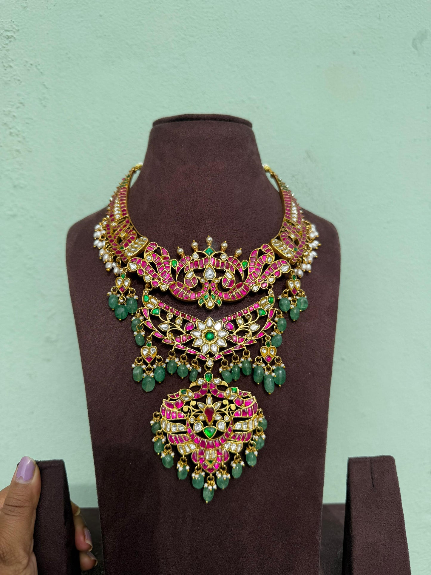Three layered heavy real kundan long peacock trending necklace