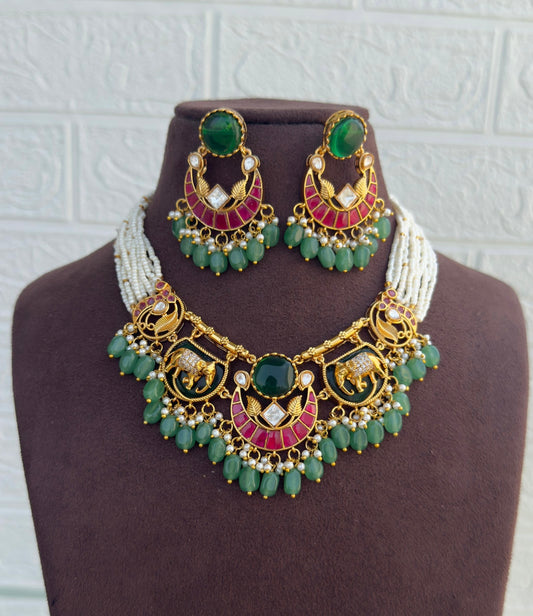 Elephant real kundan chandbali medium length pearl necklace with earrings